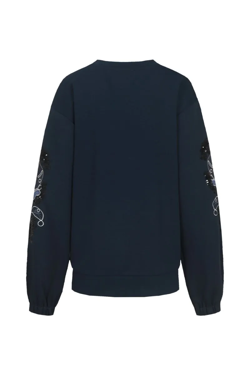 G-maxx Nerissa Top PU Dark Blue, donkerblauwe top met PU-afwerking